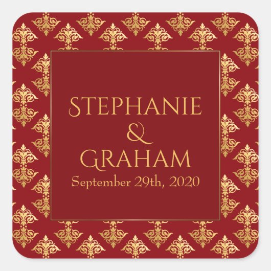 Gold Damask Red Wedding Vierkante Sticker (Voorkant)