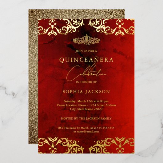 Gold Damask Ruby Red Quinceanera 15th Folie Uitnodiging (Voorkant / Achterkant)