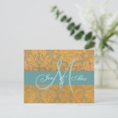 Gold Damask Save the Date Briefkaart | Blauw (Staand voorkant)