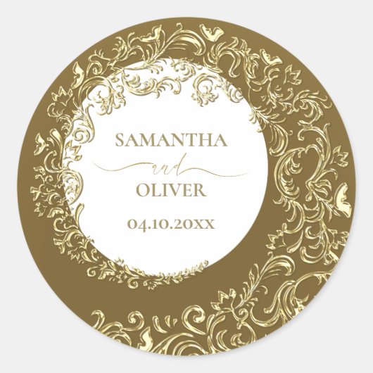 Gold Damask Wedding Ronde Sticker (Voorkant)