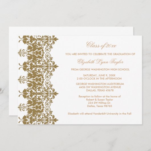 Gold Damask & White Afstuderen aangekondigd Kaart (Voorkant / Achterkant)