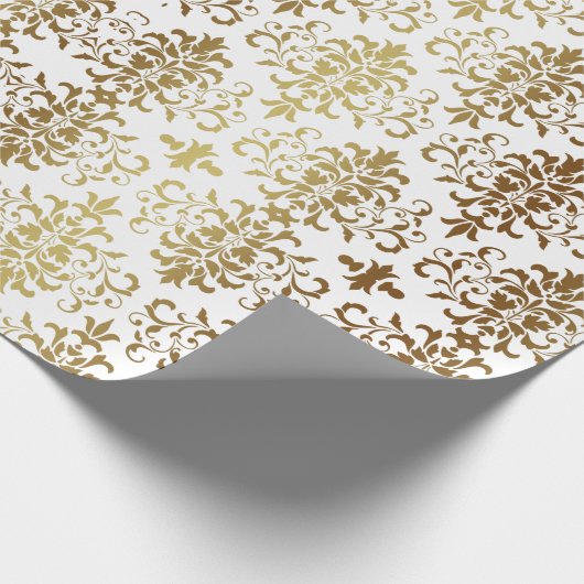Gold Damask White Script Elegant Cadeaupapier (Hoek)