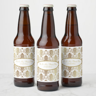 Gold Damask White Script Wedding Elegant Bier Etiket