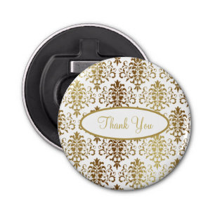 Gold Damask White Script Wedding Elegant Dank je Button Flesopener