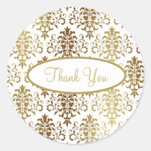 Gold Damask White Script Wedding Elegant Dank je Ronde Sticker