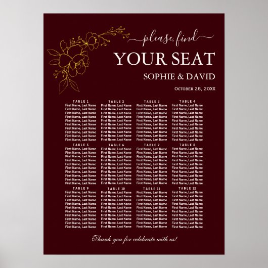 Gold Deep Burgundy 12 Table Seating Chart Wedding Poster (Voorkant)