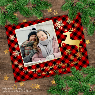 Gold Deer en Snowflakes op rood zwart geplakt patr Folie Feestdagen Briefkaart