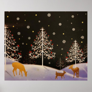 Gold Deer Familie in Snowy Kerstbos Poster