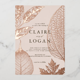Gold Delicate Leaves Pink Beige Wedding Folie Uitnodiging