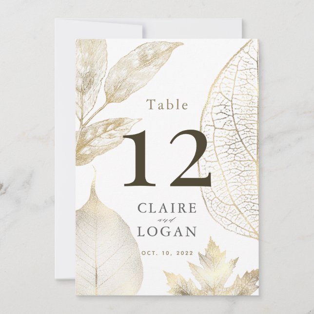 Gold Delicate Leaves Wedding Table Number Kaart (Voorkant)