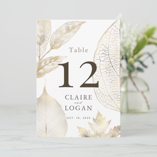 Gold Delicate Leaves Wedding Table Number Kaart (Staand voorkant)