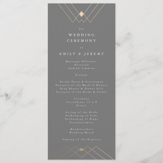 Gold Diamond Gray Geometric Deco Gatsby Wedding Programma (Voorkant)