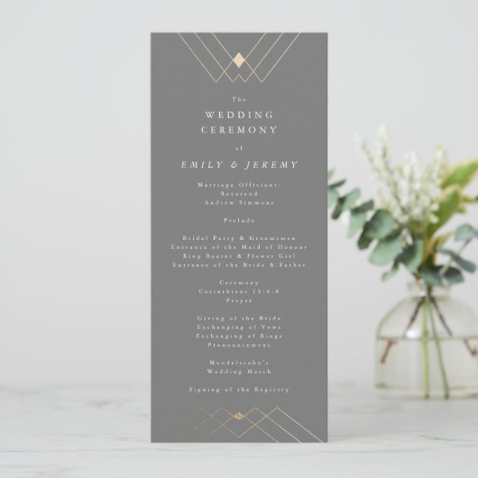 Gold Diamond Gray Geometric Deco Gatsby Wedding Programma (Staand voorkant)