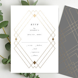 Gold Diamond Gray Geometric Deco Gatsby Wedding RSVP Kaartje