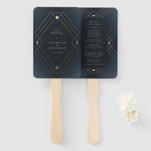 Gold Diamond Navy Geometric Deco Gatsby Wedding Handwaaier (Voorkant en achterkant)