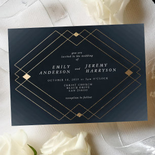 Gold Diamond Navy Geometric Deco Gatsby Wedding Kaart