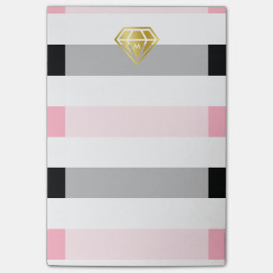 Gold Diamond & Pink & Black Stripes Monogram Post-it® Notes