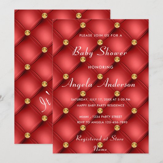 Gold Diamond Tufted Red Baby Boy Shower Invitation (Devant / Derrière)