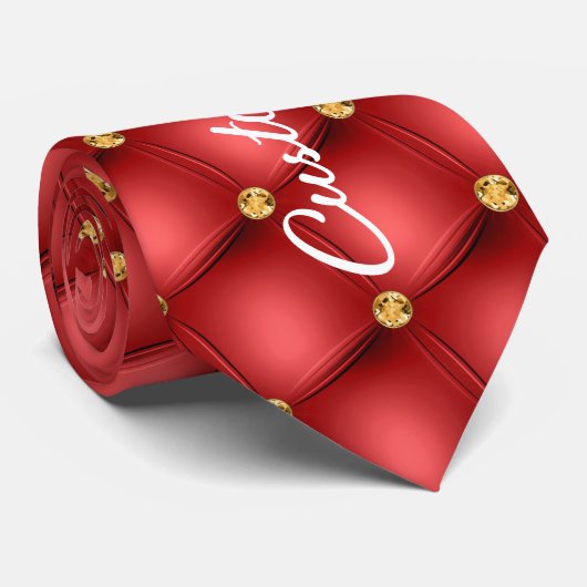 Gold Diamond Tufted Red Leather Stropdas Jouw teks (Opgerold)