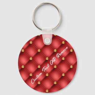 Gold Diamond Tufted Red Leather Text Name Sleutelh Sleutelhanger