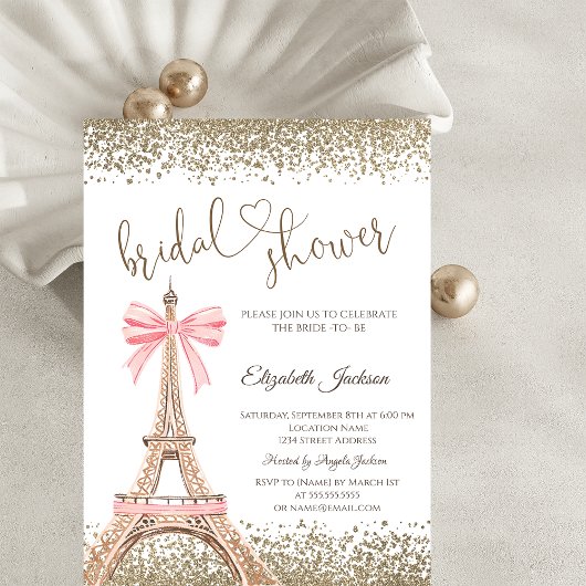 Gold Diamonds Eiffel Tower Bow Bridal Shower  Kaart