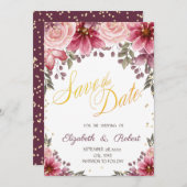 Gold Diamonds Floral Burgundy redt de datum Save The Date (Voorkant / Achterkant)