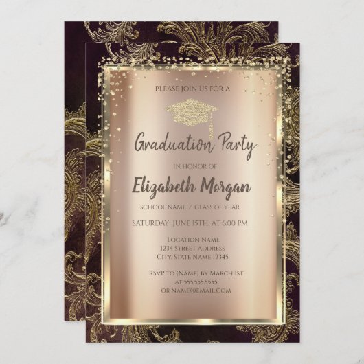 Gold Diamonds Floral Damask Afstuderen Kaart (Voorkant / Achterkant)