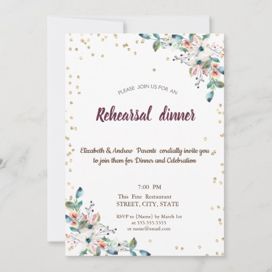 Gold Diamonds Flowers Burgundy Rehearsal Dinner Kaart (Voorkant)