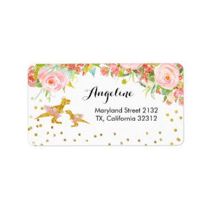 Gold Dino en Roze Flower Address Label