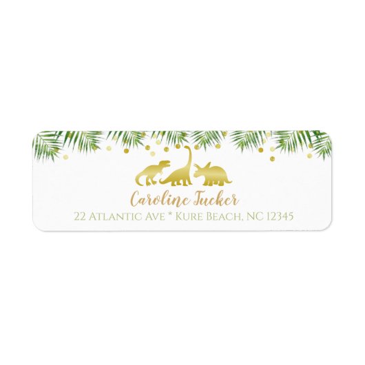 Gold Dinosaur Tropical Greenery Baby shower Etiket (Voorkant)