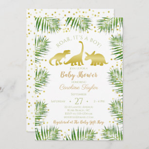 Gold Dinosaur Tropical Greenery Baby shower Kaart