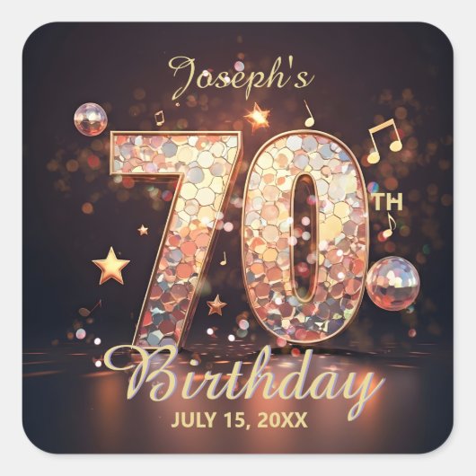 Gold Disco Ball Music Notes 70th Birthday Party Vierkante Sticker (Voorkant)
