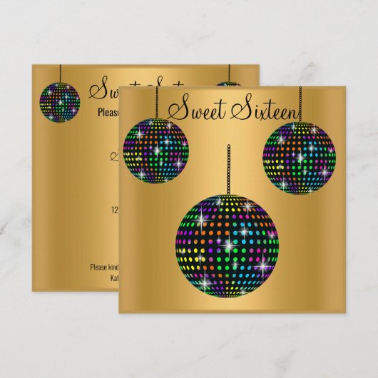 GOLD DISCOBALL SWEET SIXTEEN INVITATION PARTI (Devant / Derrière)