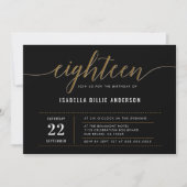 Gold Dix-huit Script Anniversaire Fête Invitations (Devant)