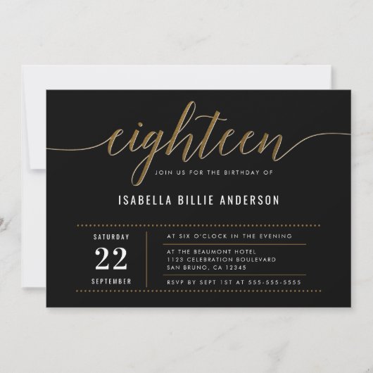 Gold Dix-huit Script Anniversaire Fête Invitations (Devant)