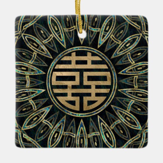 Gold Double Happiness Symbol Gold en Abalone Keramisch Ornament (Voorkant)
