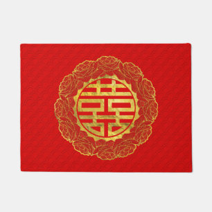 Gold Double Happiness Symbol in het Lijst Peony Deurmat