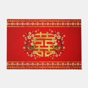 Gold Double Happiness Symbol met bloemen en vogels Deurmat