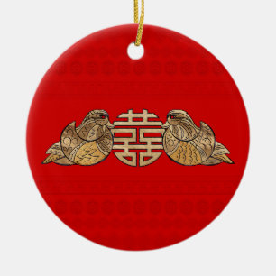 Gold Double Happiness Symbool met Mandarijnse Euck Keramisch Ornament