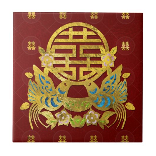 Gold Double Happiness Symbool met vogels Tegeltje (Voorkant)