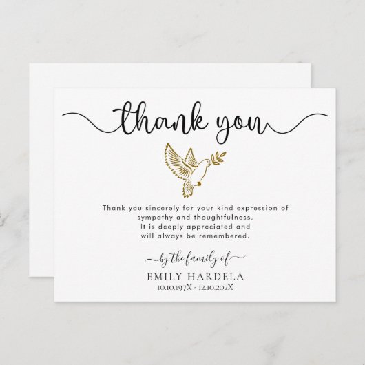 Gold Dove Funeral Simple Script Carte de remerciem (Devant / Derrière)
