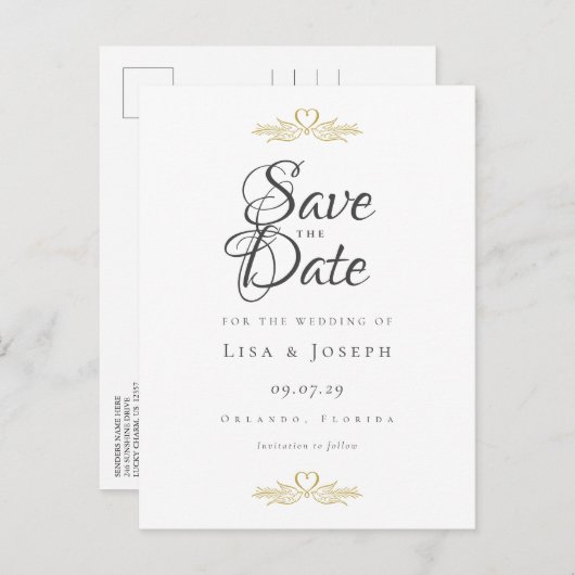 Gold Doves en Heart Elegant Script Save the Date Briefkaart (Voorkant / Achterkant)