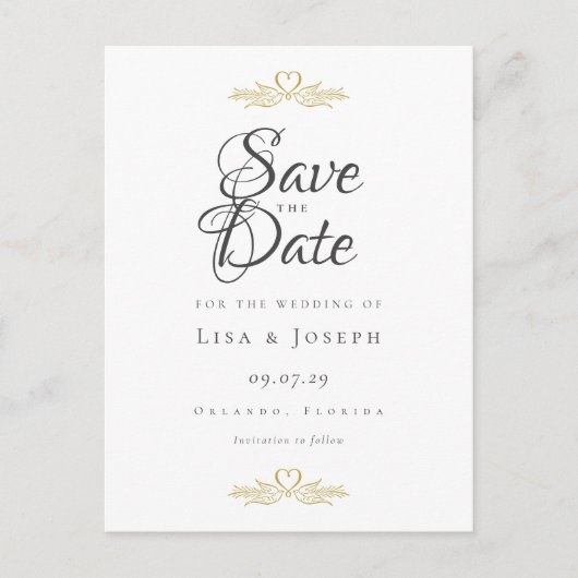 Gold Doves en Heart Elegant Script Save the Date Briefkaart (Voorkant)