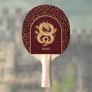 Gold Dragon and Medieval Stars and Moon on Maroon Tafeltennisbatje