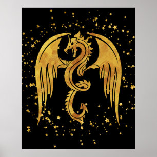 Gold Dragon in het Poster Stars op zwarte achtergr