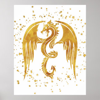 Gold Dragon In The Stars Poster sur fond blanc