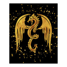 Gold Dragon In The Stars Poster sur fond noir