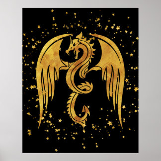Gold Dragon In The Stars Poster sur fond noir