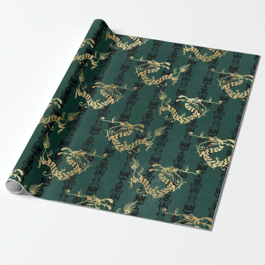 Gold Dragons op groen Cadeaupapier (Uitgerold)