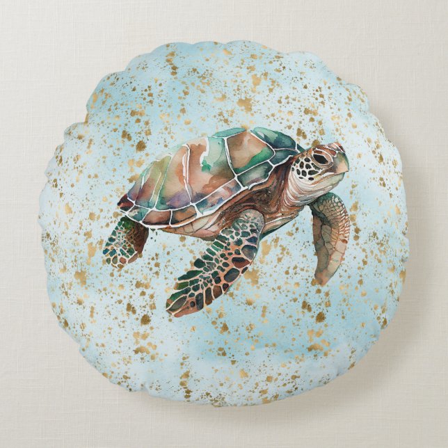 Gold Dream Zee Turtle Rond Kussen (Voorkant)